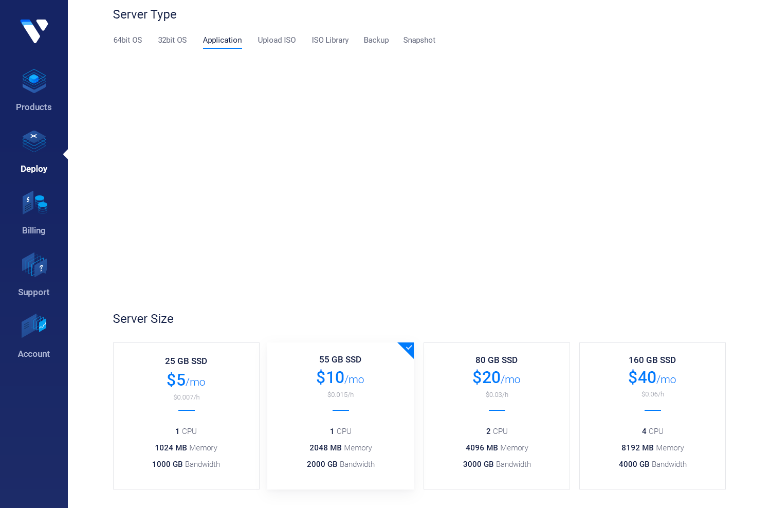 Preview of the Vultr server deploy page control panel for NodeJS on a web browser.