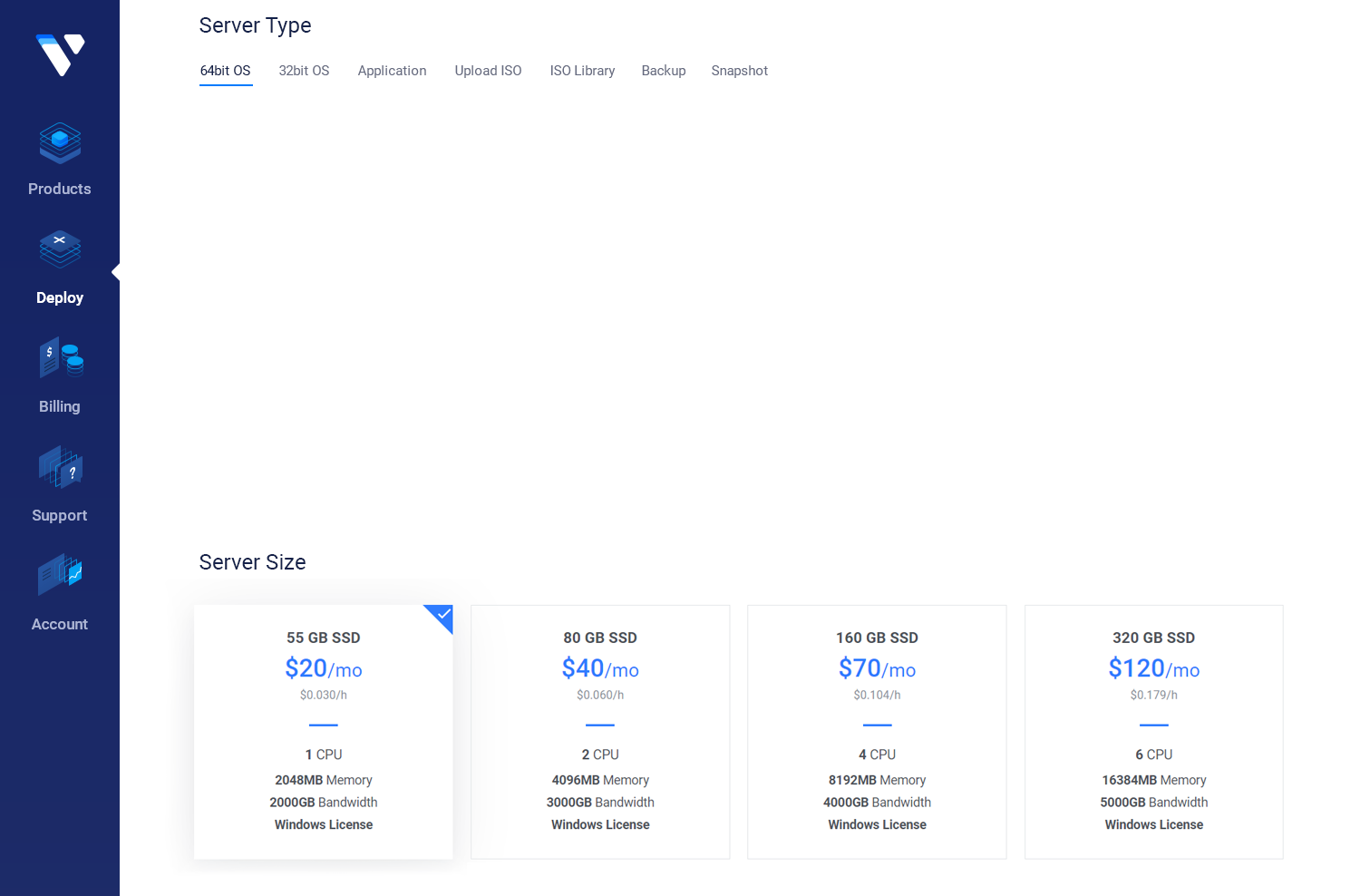 Preview of the Vultr server deploy page control panel for Windows on a web browser.