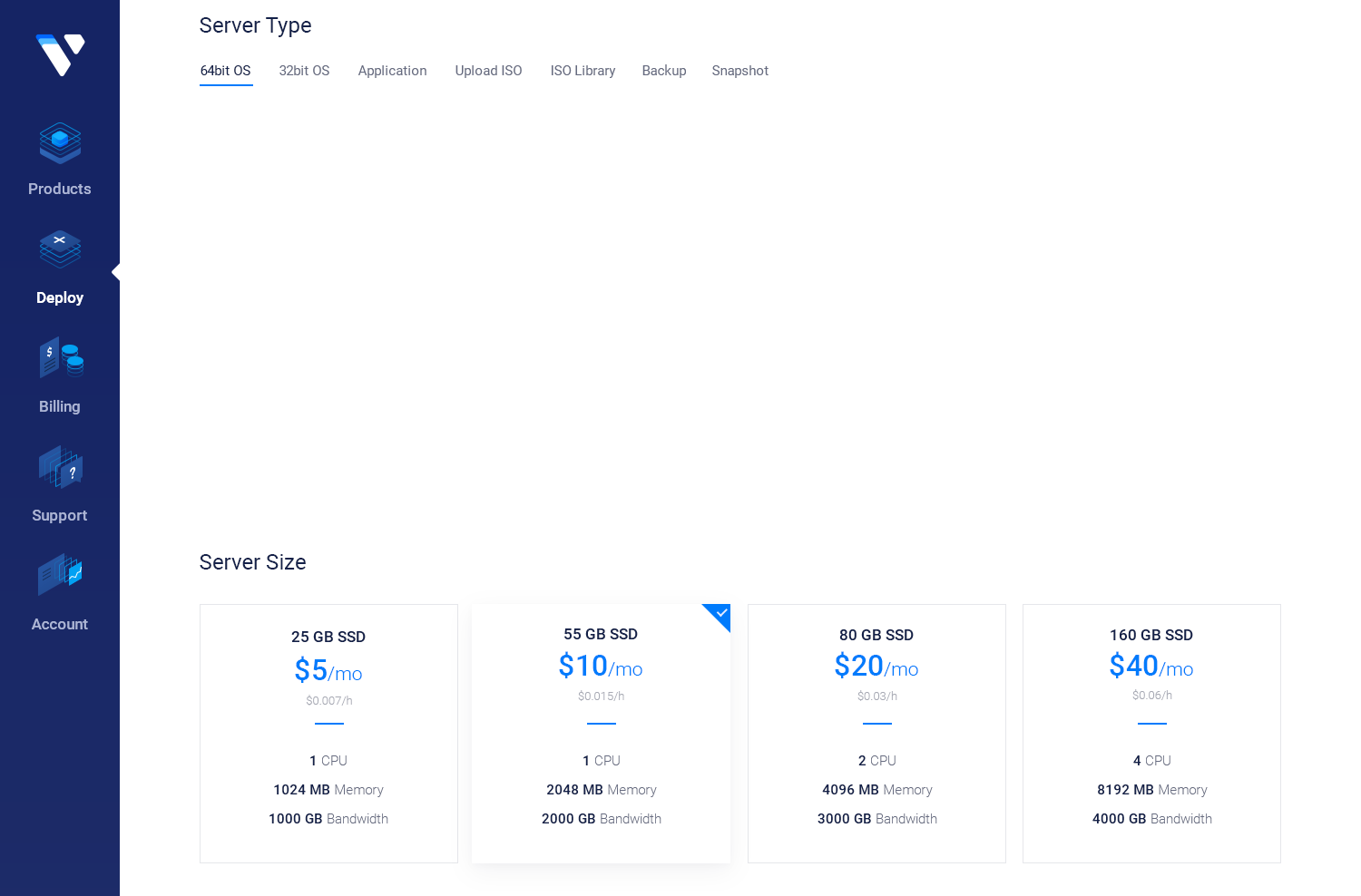 Preview of the Vultr server deploy page control panel for Flatcar Container Linux on a web browser.