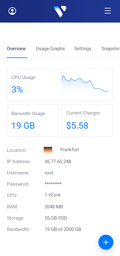 Preview of the Vultr management interface for NodeJS on a mobile device.