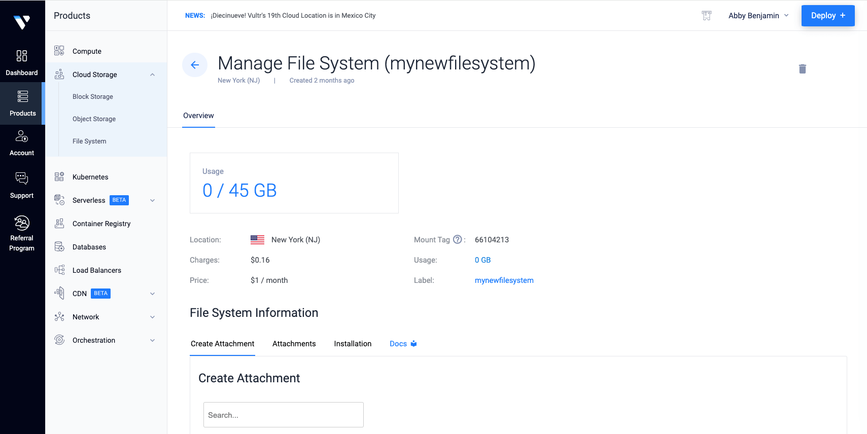 Image of my.vultr user dashboard showing Vultr File System